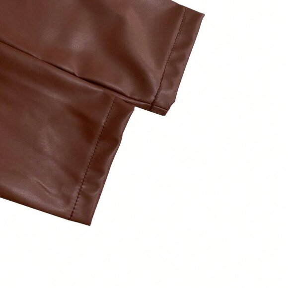 Khaki Elegant Women's Faux Leather Button Warm Long Sleeve Coat - Picture 5 of 7